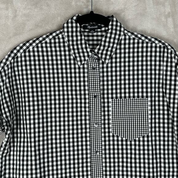 Madewell Top Women Extra Small Black Check Gingham Play Button Down Short Sleeve - Picture 2 of 12